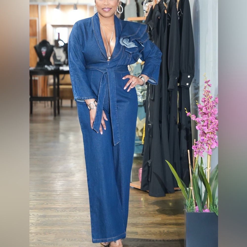 Stylish Dark Denim Jumpsuit with Ruffle Detail